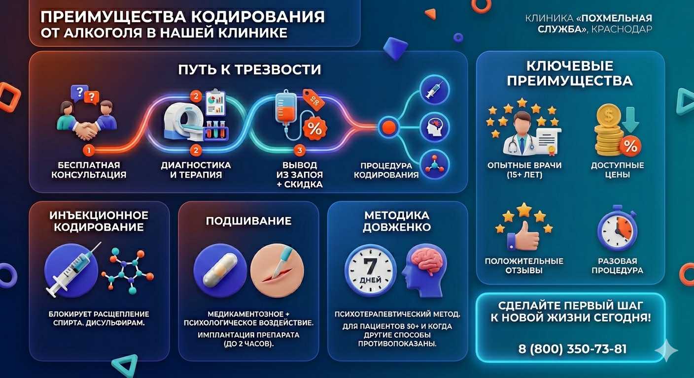 Инфографика о методах кодирования от алкоголя в Нижнебаканской: инъекции, подшивание, метод Довженко. Преимущества клиники и этапы лечения.