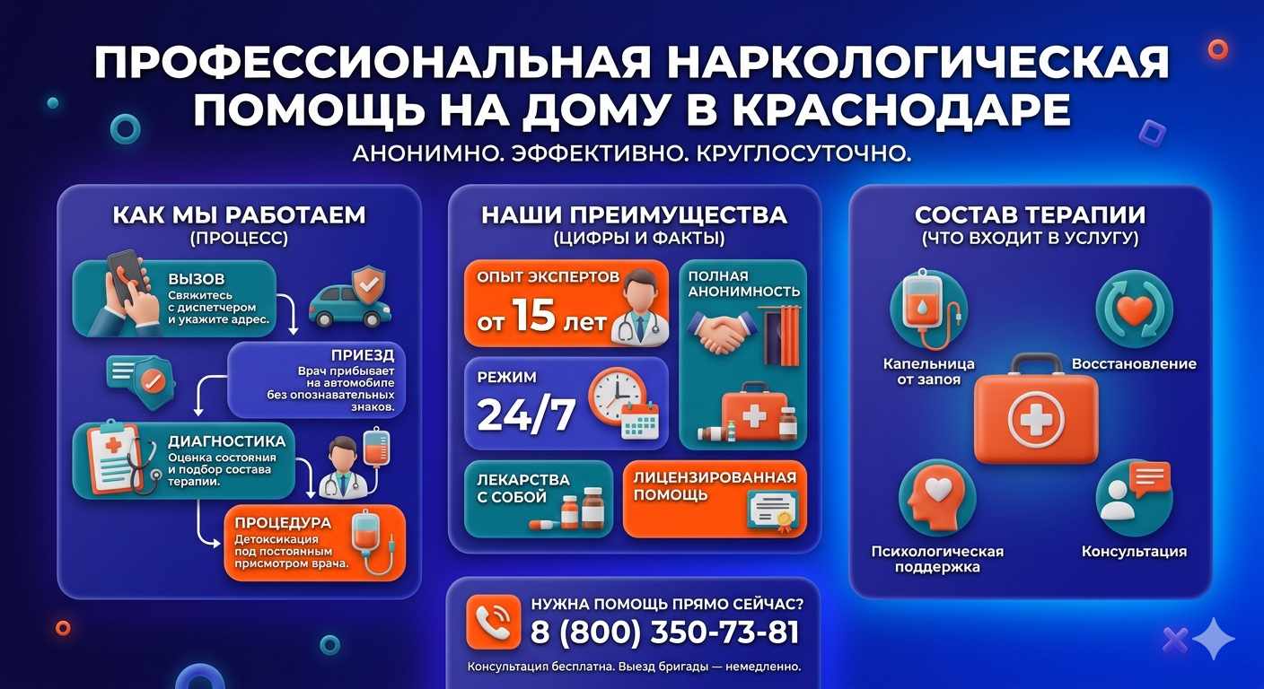 Инфографика о принципах лечения алкоголизма на дому в Нижнебаканской: этапы вызова нарколога, преимущества анонимной детоксикации и состав медицинской помощи.